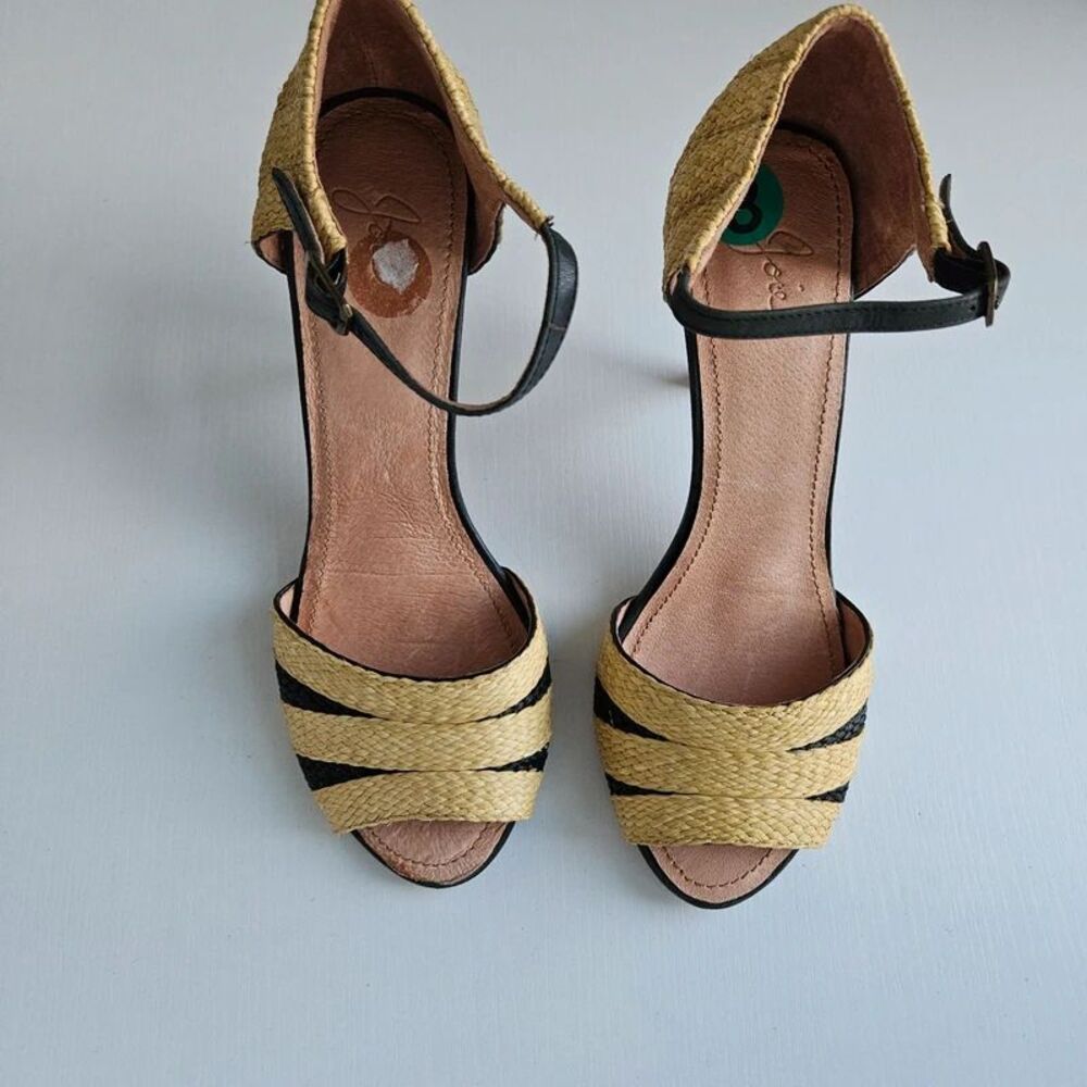 Joie Woven Raffia Ankle Strap Stiletto Heels Natural Beige Black Size 8
